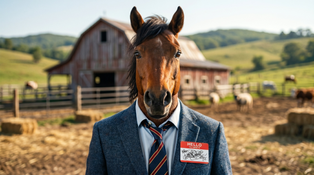 A photorealistic, majestic chestnut horse standing in a beautiful grassy field, but the horse is wearing overly large, colourful novelty sunglasses. Bright, sunny day, high contrast, humorous tone, aspect ratio 16:9